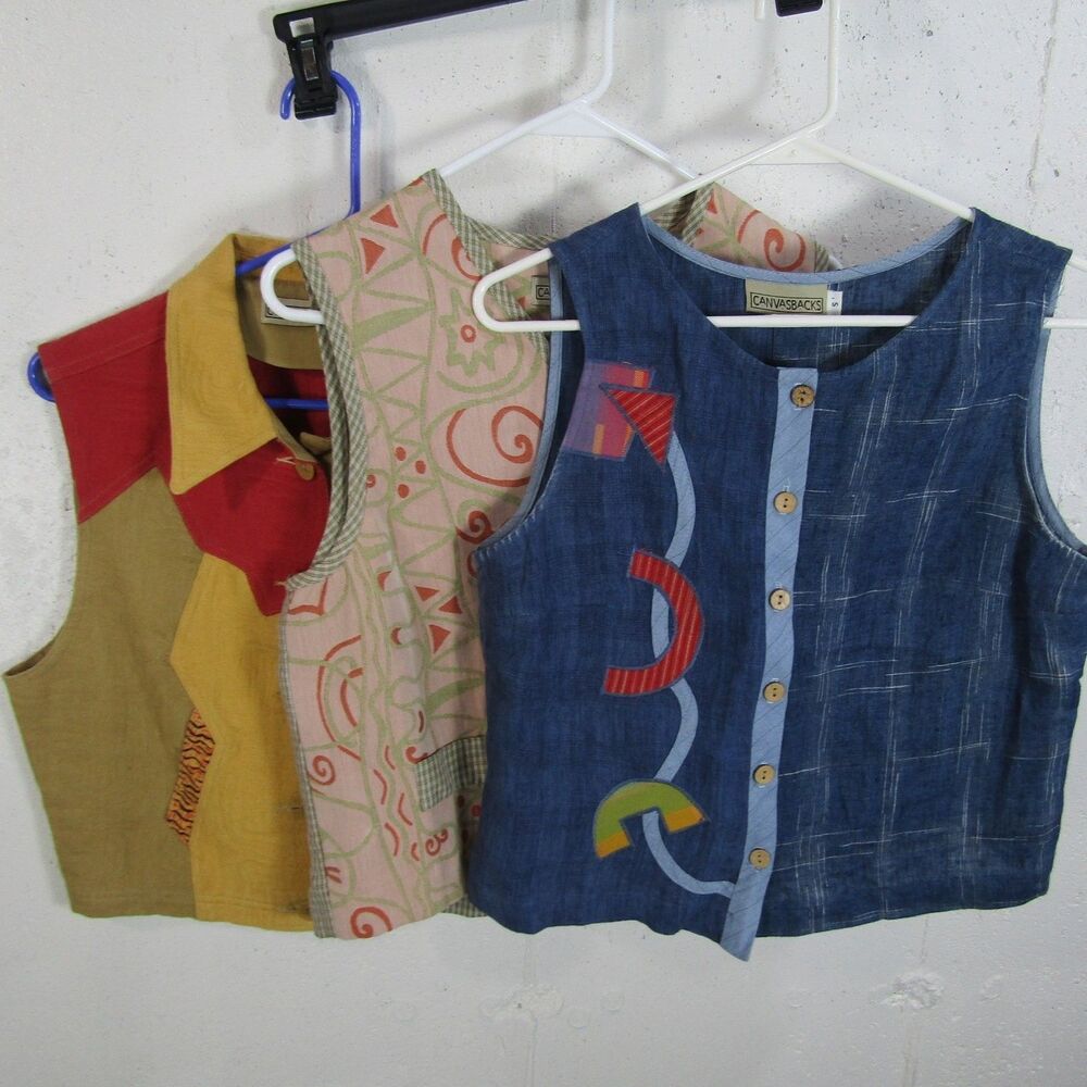 CANVASBACKS Women's S Vest Lot of 3 Linen Blend Button Front Art-to-Wear Vintage